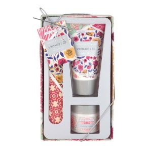 Vintage & Co. Fabric & Flowers Nail Care Set (50Ml Hand Cream, Emery Board, 38Ml Cuticle Cream)