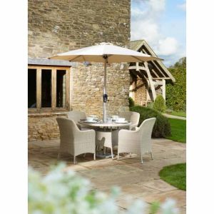 Bramblecrest Tetbury Nutmeg 110cm Round Table with Tree-Free Top & 4 Armchairs with Eco Cushions Parasol & Base
