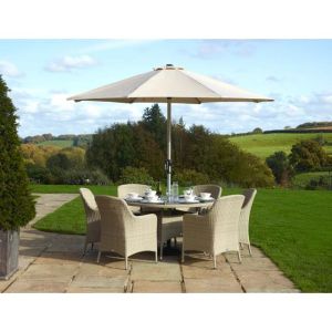 Bramblecrest Tetbury Nutmeg 135cm Round Table with Tree-Free Top & 6 Armchairs with Eco Cushions Parasol & Base
