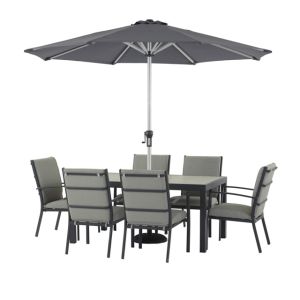 Seville 164 x 95cm Rectangle Dining Table with 6 Valencia Armchairs, Parasol & Base