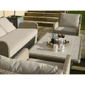 Bramblecrest Chedworth Sandstone Rattan Reclining 3 Seater Sofa with Rectangle Dual Height Table, 2 Reclining Armchairs & Bench