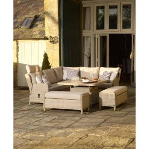 Bramblecrest Sandstone Rattan Reclining Corner Sofa with Square Dual Height Table & 2 Benches